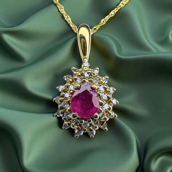14K Gold -Natural Burmese Ruby Halo Diamond Necklace -20" 2/3 CTTW -Pear Cut -2g - Picture 9 of 16